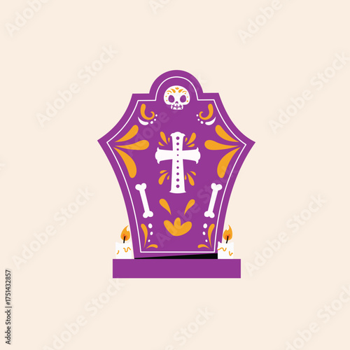 Day of the Dead Tombstone Illustration in Flat Style with Skull, Cross, and Bones for Dia de los Muertos Celebration
