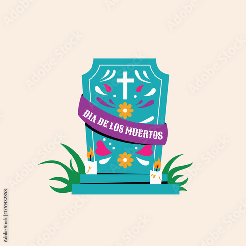 Dia de Los Muertos Tombstone Illustration with Candles and Flowers for Day of the Dead Celebration