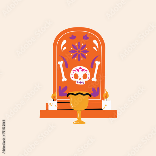Day of the Dead Altar Illustration with Skull, Bones, Candles, and Flowers for Festive Celebrations and Remembrance