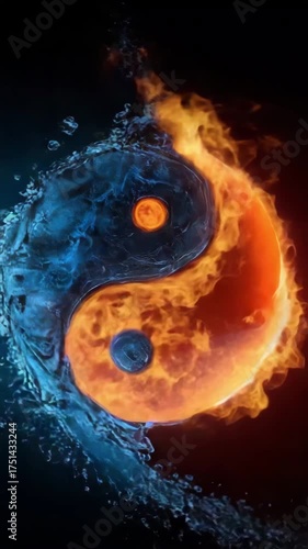 Yin-Yang symbol rotating clockwise as single whole in image of fiery flame and flowing water, embodying unity of opposites, universal harmony and perfect balance.