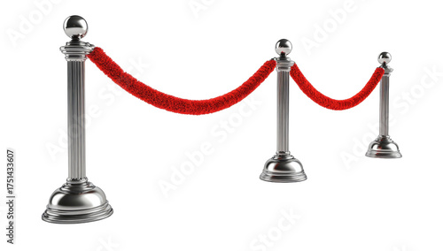 Polished metal stanchions strung with red rope line against black backdrop