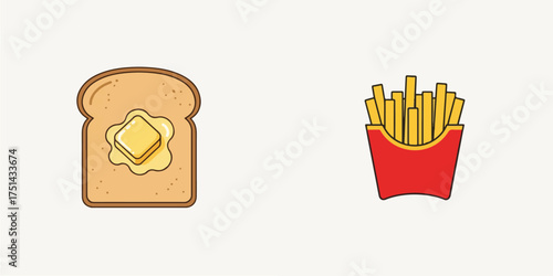 Minimalist Cartoon Food Icons: Buttered Toast and French Fries