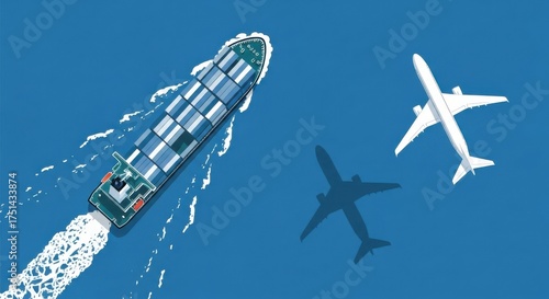 Wallpaper Mural Cargo ship and two airplanes traveling across a clear blue sky Torontodigital.ca