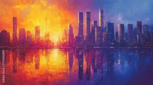 Oil painting of a city skyline at sunset with vibrant colors.