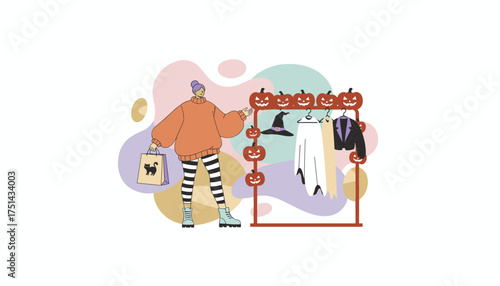 Woman shopping for Halloween costumes and decorations holding a bag with a black cat