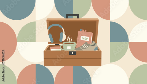 Leisure essentials for relaxation and wellness headphones tea books and running shoes in a box