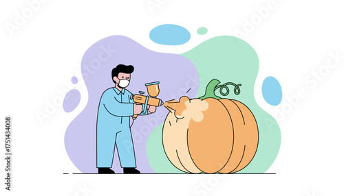 Person in mask and suit spray painting a large pumpkin symbolizing craft and Halloween preparation