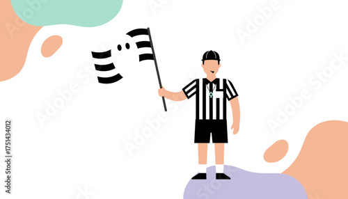 Sports referee holding striped flag Authority fair play and game rules concept illustration