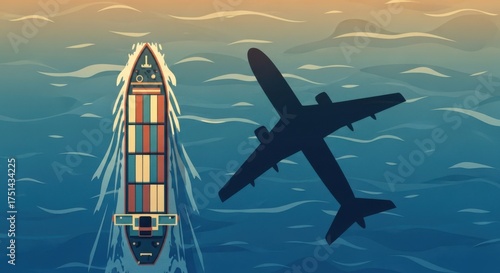 Wallpaper Mural Cargo ship and airplane silhouette on the ocean at sunset Torontodigital.ca