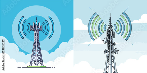 Vector Line Art Communication Towers with Radio Waves on Blue Sky