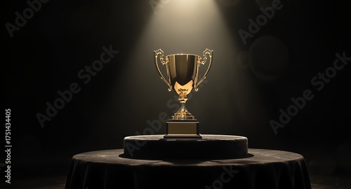 Golden Award Trophy on a Stage, Illuminated, Conceptual Image