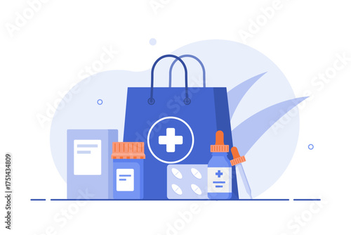 An illustration of a shopping bag with a medical cross, accompanied by medicine bottles, a dropper bottle, blister packs, and a box, representing pharmacy purchases and healthcare products.