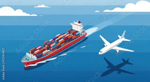 Wallpaper Mural Cargo ship and airplane traveling over the ocean Torontodigital.ca