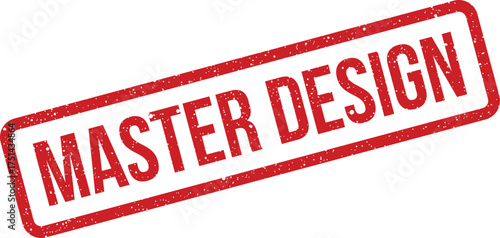 Grunge textured rubber stamp impression displaying the definitive phrase MASTER DESIGN for finalized concepts