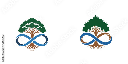Illustrative Tree and Infinity Symbol Logos in Green, Brown, and Blue