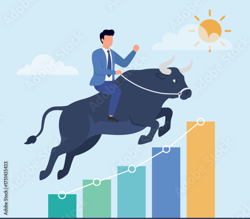 A businessman riding a charging bull up a rising bar chart, symbolizing a bullish stock market, financial growth, and successful investment strategy