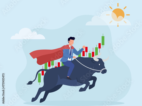 A superhero businessman rides a bull through a rising stock market chart, symbolizing a bullish market, financial success, and powerful investment strategy