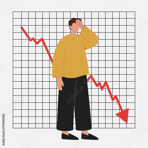A stressed person despairs over a declining financial graph, symbolizing economic crisis, stock market crash, investment failure, and business loss
