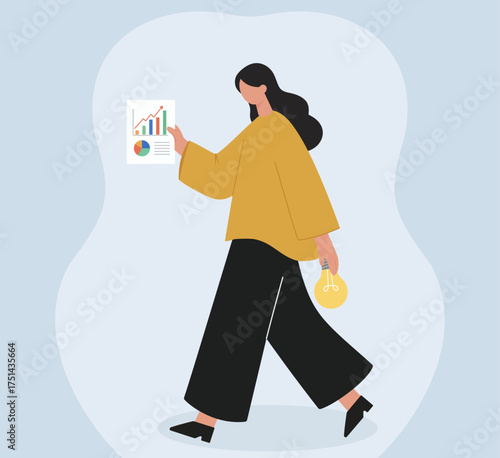 A woman walks, analyzing a business report with charts and carrying a lightbulb, symbolizing data-driven ideas, innovation, and strategic progress