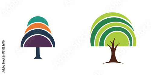 Colorful Stylized Tree Illustrations with Layered Arc Canopies and Trunks