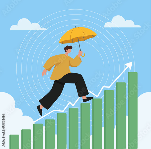 A person with an umbrella climbs a growth chart, symbolizing protection, secure investment, financial progress, and achieving success despite challenges