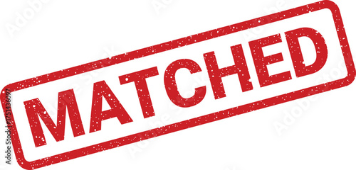 Grungy Matched text within a rectangular rubber stamp vector illustration, confirming successful alignment or pairing