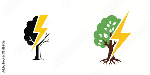 Dual Tree and Lightning Bolt Logo Design on White Background