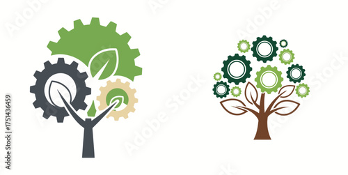 Stylized Tree Logos with Green Gears, Leaves, and Natural Hues