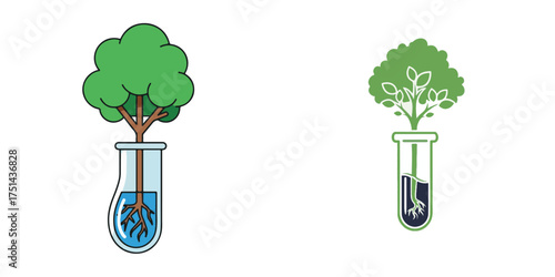 Green Plants Growing in Science Test Tubes, Cartoon and Stylized Designs