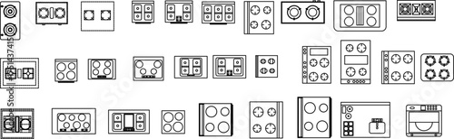 Minimalist stove top icons showing various burner layouts, ideal for kitchen design inspiration and appliance comparison.