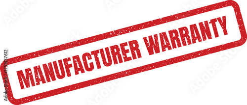 Grungy rectangular rubber stamp prominently featuring the words MANUFACTURER WARRANTY for product assurance details