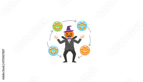 Jackolantern character in a suit juggling candy corn circles Fun Halloween holiday concept