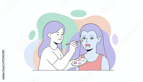 Woman applying spooky vampire makeup on a friend for Halloween party Fun holiday preparation