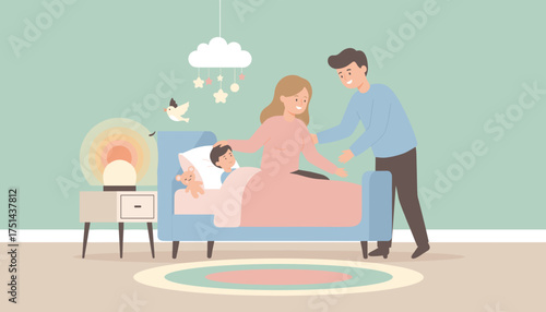 Loving parents caring for their happy child in a cozy bedroom Family love and tender moments