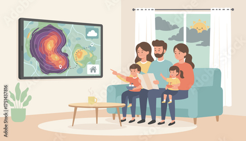 Family at home reviewing a weather map or travel plans on a large screen focused on safety or adventure
