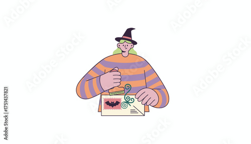 Person in witch hat stamping a Halloweenthemed envelope Festive mail delivery concept