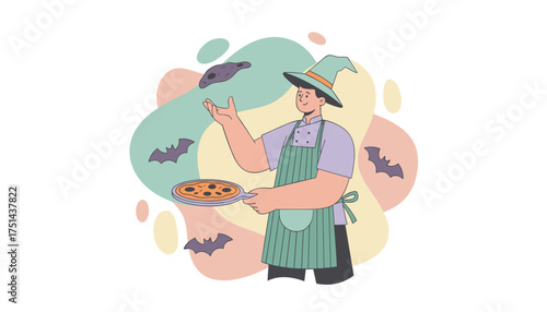 Halloween chef in a witch hat preparing spooky pizza with flying bats Festive culinary fun