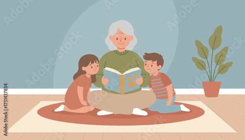 Grandma reads a story to joyful grandchildren at home fostering learning and family connection