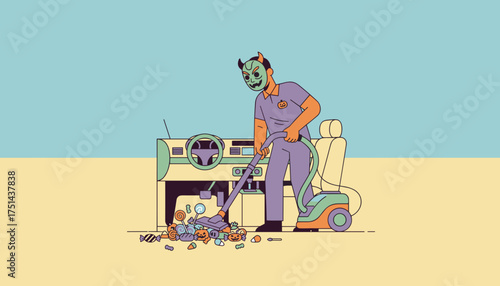 Masked person vacuums Halloween candy mess from car interior Postholiday cleanup
