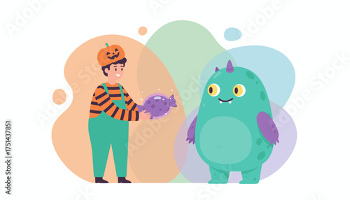 Child in pumpkin costume giving candy to a friendly monster Halloween fun and friendship