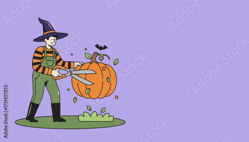 Happy person in witch hat trimming a pumpkin for Halloween Seasonal autumn fun DIY harvest