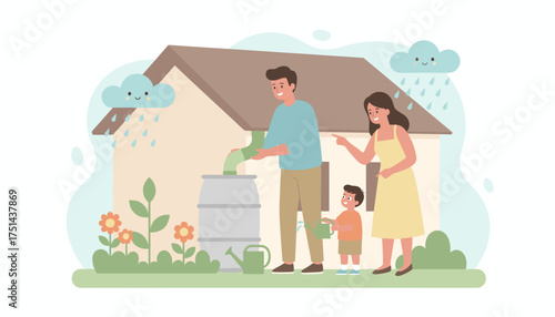 Happy family collecting rainwater for gardening promoting ecofriendly living and sustainability