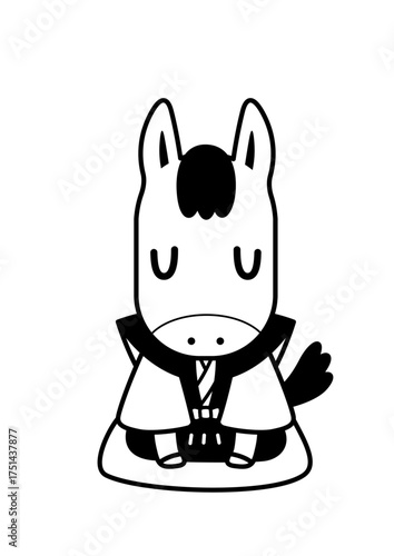 裃を着てお辞儀する馬　モノクロ