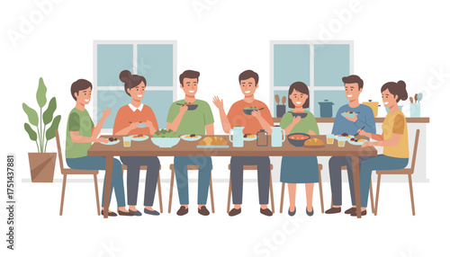 Smiling people sharing a healthy meal and conversation around a dining table at home