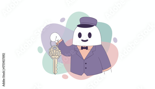 Friendly bellhop character holds a key with a unique skeleton hand Concept of service access