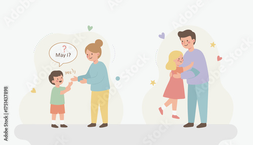 Family communication and affection child asks permission father hugs daughter Happy parenting