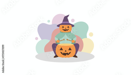 Cheerful Halloween pumpkin character in witch hat playing drum Festive holiday fun