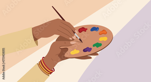 Εκτύπωση καμβά Artist's Hands Holding Palette and Brush with Colorful Paints