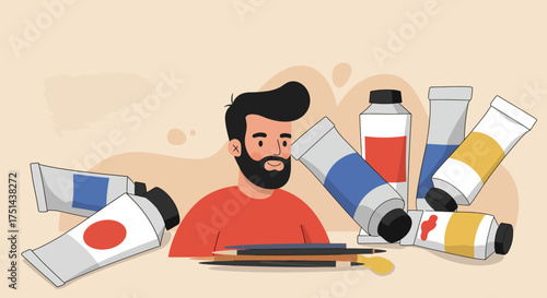 Fotografie Cartoon Artist with Paint Tubes and Brushes Illustration