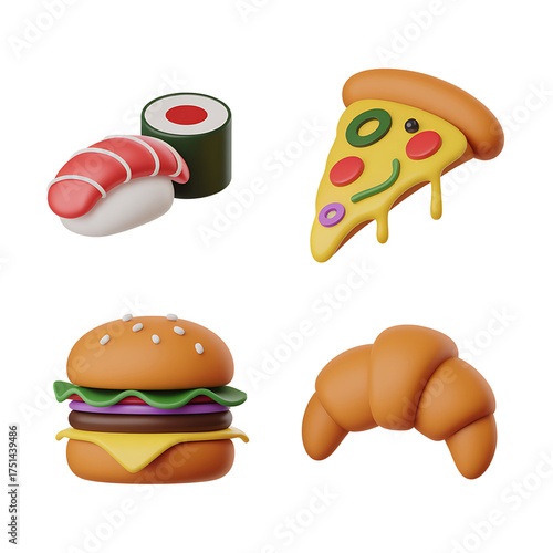 3D Food & Cuisine Icon Set – Sushi, Pizza, Burger, Croissant, Spaghetti, Dumplings 